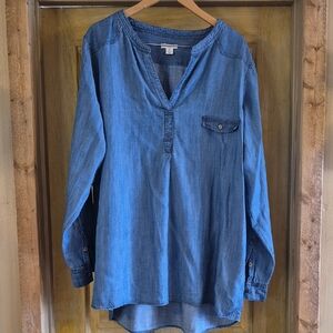 Westbound Woman Denim Blue Long Sleeve V Neckline  Women's Top 2X Chambry Relax